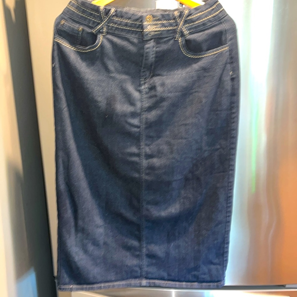 NoFuze LONG BLUE JEAN skirt, ZIP 3 button tan stitch midi boho festival SIZE 14